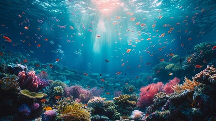 Diverse underwater ecosystem, a coral reef sanctuary, with myriad fish species in harmony, the clarity of the ocean allowing a glimpse into this vibrant, AI Generative - obrazy, fototapety, plakaty