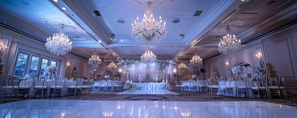 Luxury hotel ballroom adorned with crystal chandeliers, silver and white decor, and ethereal snowflake projections create a glamorous winter wonderland wedding setting
