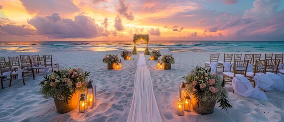 A dreamy beachfront wedding at twilight under a soft pastel sky, with bohemian chiffon draping and a candlelit path to the altar, beneath a canopy of stars - obrazy, fototapety, plakaty