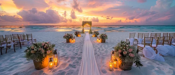 Fotobehang A dreamy beachfront wedding at twilight under a soft pastel sky, with bohemian chiffon draping and a candlelit path to the altar, beneath a canopy of stars © Fokasu Art