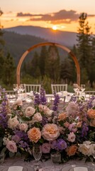 Romantic lavender field wedding, summer sunset, whimsical floral arch, rustic wooden signage, and vintage lace table runners