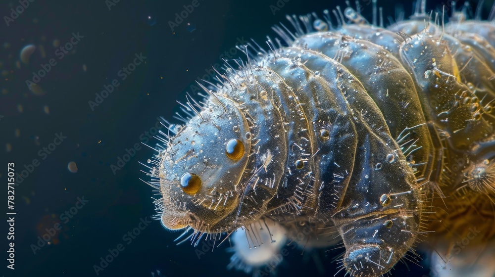Poster a third image showcases the tough exterior of a tardigrade with its segmented body covered in a laye