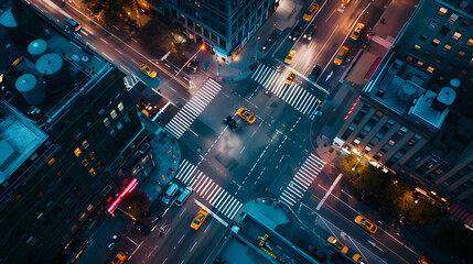 Nighttime Aerial View of Busy urban City Street with Traffic and Pedestrians. 