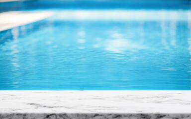 Wooden board empty table background. abstract blurred swimming pool background