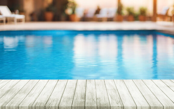 Wooden board empty table background. abstract blurred swimming pool background