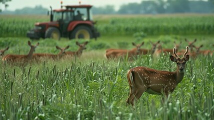 A herd of deer graze peacefully in a grassy meadow while in the distance a farmer drives a tractor through rows of biodieselproducing crops. The harmonious coexistence of wildlife .