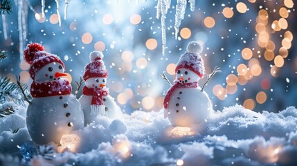 A snowy winter scene with icicles and snowmen - obrazy, fototapety, plakaty