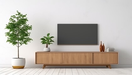 Modern living room with Smart TV on the cabinet interior wall mockup, modern luxury interior 