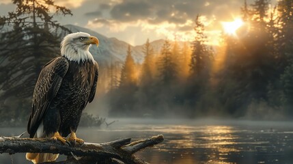 A majestic bald eagle perched on a branch overlooking a river - obrazy, fototapety, plakaty