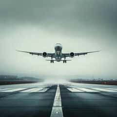Captured in cinematic style, a commercial airplane takes off from an airport runway, disappearing into the gray sky. AI generative technology enhances every detail of this departure.