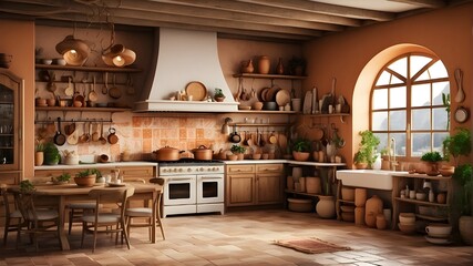 This photorealistic image captures the essence of a Mediterranean kitchen, showcasing traditional appliances like a vintage stove and wooden cabinets filled with cookware. The scene includes hanging c