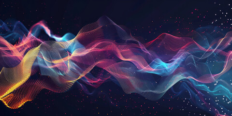 A colorful spectrum of digital waves flows over geometric shapes, representing the dynamic nature and evolution of data technology in marketing. - obrazy, fototapety, plakaty