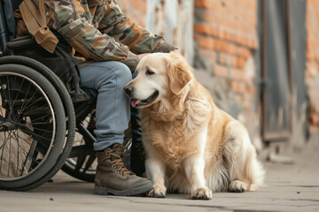 Witness the uplifting connection as a service dog provides invaluable companionship to a person with disabilities. A touching display of support and love. AI generative . - obrazy, fototapety, plakaty