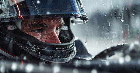 The focused face of a driver, wearing his helmet and sitting in a car with rain falling on it, is...