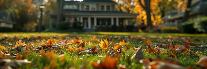 Fallen leaves on the grass in the front yard are in focus, with a house and trees visible in the background.