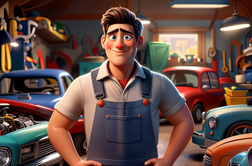 3d render illustration of a cartoon character car mechanic worker stands in a garage workshop with various cars and tools around him