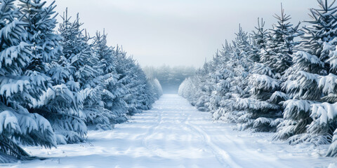 Fototapeta premium An endless row of snow-covered Christmas trees stretches as far as the eye can see in both directions, with the white powder on their branches and trunks creating a winter wonderland.