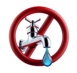 3d illustration render of a faucet with a water droplet falling from it with a red NO sign symbol icon on it. Concept of stop wasting water, water preservation, save water and environment