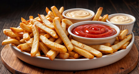 A plate of french fries with small bowls of dipping sauces