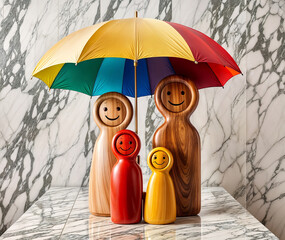 3d render illustration of Four cheerful wooden figurines portraying a happy family stand beneath a vibrant rainbow umbrella, symbolizing the essence of family protection, insurance, care, assistance, 