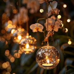 Glass candle balls hang on a table in front of orchids, casting a golden light and creating a tranquil and romantic atmosphere.