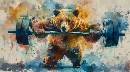 Playful watercolor of a bear weight lifting, cute and powerful, in a palette of bright, lively colors