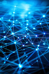 An abstract blue background features digital connections and nodes forming a network structure.