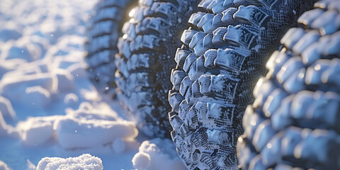 A close shot of winter tires on a snow-covered road is captured in high-resolution photography,...
