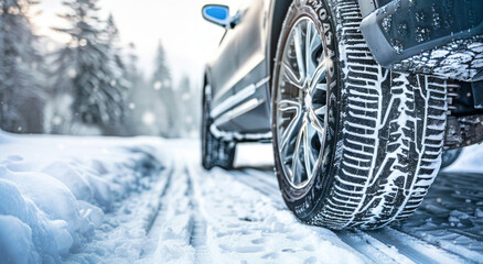 A close-up view shows a car wheel with a tire and rim on a snow-covered road.