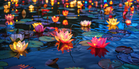 Festive lanterns and water lilies are featured in a city's most famous lantern festival during a...
