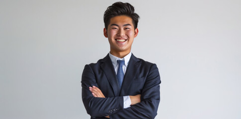 A businessman smiling with his arms crossed against a white background, in a full body shot in the style of a stock photo.