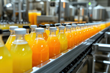 Step into the world of production efficiency with this photograph depicting four bottles of orange juice being sealed on a production line. AI generative.