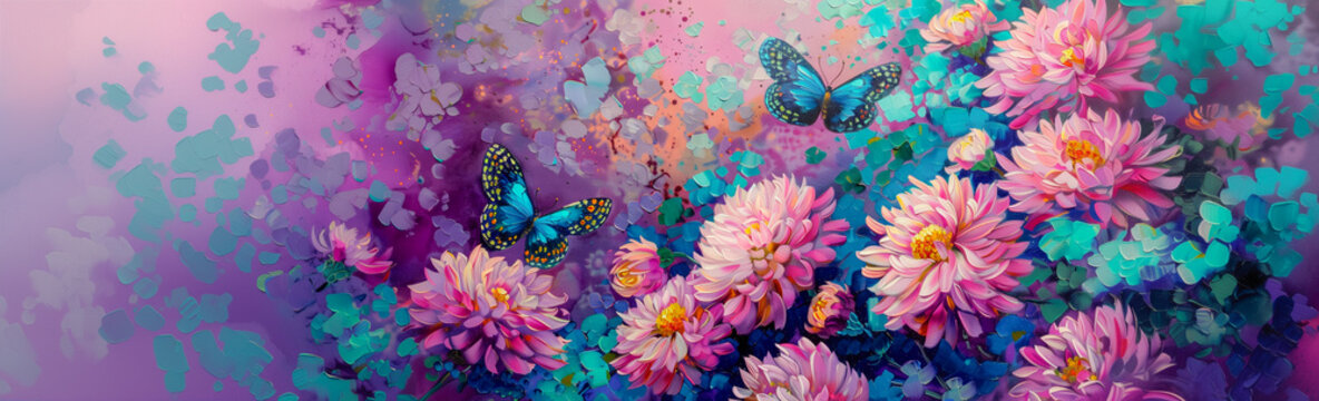 Colourful summer flowers and butterflies canvas painting. Blue, purple, pink brush strokes in vibrant colors with copy space for text. Horizontal panorama illustration for mobile web.