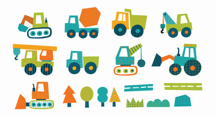 Cute little cars, truck. Cartoon cars adventures. Flat vector illustrations 