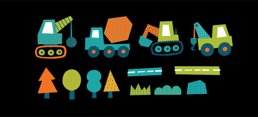 Cute little cars, truck. Cartoon cars adventures. Flat vector illustrations 