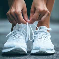 Witness the meticulous act of tying white shoelaces in this close-up image. AI generative technology adds realism to the runner's preparation. - obrazy, fototapety, plakaty