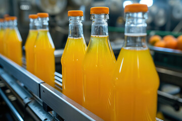 Witness the efficiency of a production line as four bottles of orange juice are sealed. AI generative technology ensures realistic portrayal of manufacturing processes.