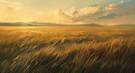 Obraz premium Under the light of sunset, a vast, open prairie with tall grasses swaying in the wind and distant mountains visible on the horizon.