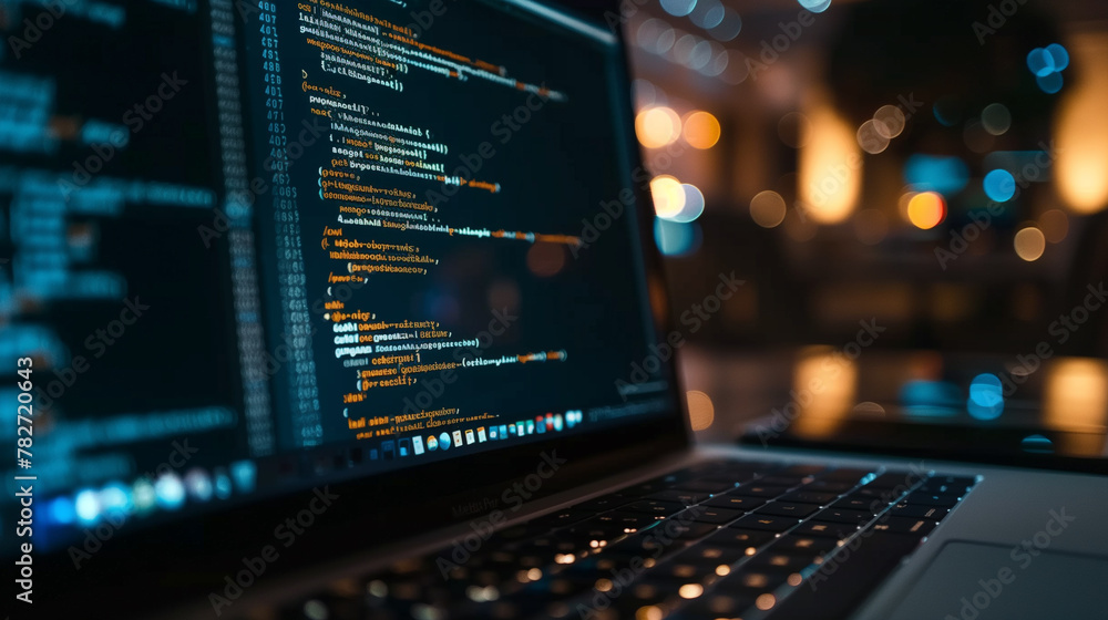 Poster close up of software code on laptop, modern technology software development background
