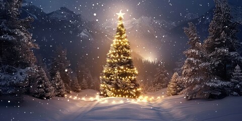 A beautiful Christmas tree stands in the center of an alpine valley at night, with snow falling and stars twinkling above.