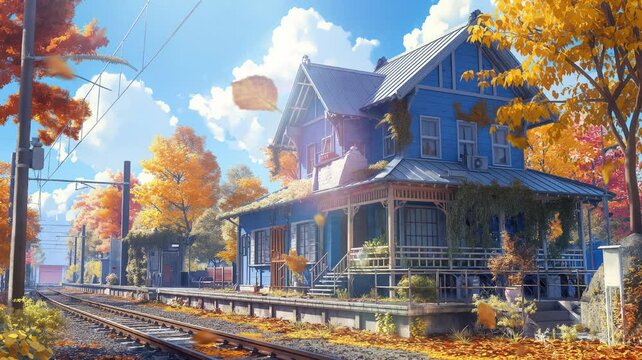 Beautiful autumn view, housing near the train tracks. Seamless 4k time lapse virtual video animation background