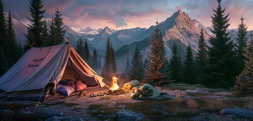 A picturesque mountain camping site at dawn, with a family tent open to reveal cozy sleeping bags, and a small, extinguished campfire in front. 32k, full ultra HD, high resolution - obrazy, fototapety, plakaty