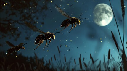 Three large wasps fly near the night moon