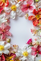Fototapeta na wymiar Assorted vibrant flowers arranged on white background. colorful flowers meticulously arranged on a white backdrop displaying a brilliant spectrum of colors and showcasing a variety of species