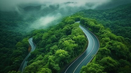 Aerial Perspective of Serpentine Road Cutting Through Mist-Enveloped Forest