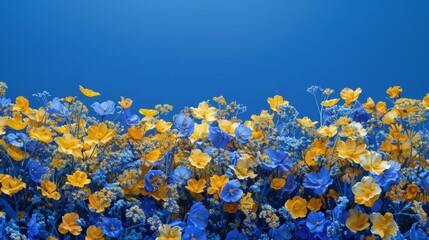 Fototapeta premium A sea of bright blue and yellow flowers covers the podium mirroring the iconic color palette of the Majorelle Garden and creating . .