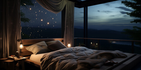 A peaceful navy blue bedroom with a canopy bed, sheer curtains, and a view of the moonlit sky. 