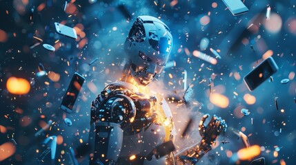 AI Robots Massive cell phones, computers, and wearables are exploding from the chests of AI robots.