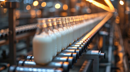 Explore the efficiency of a dairy factory's milk bottling production line, powered by automated machinery. AI generative technology ensures lifelike depiction.