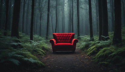 Red armchair in the middle of the forest, dark vibe, vignette, film grain, movie style